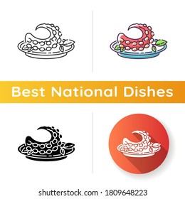 Polvo icon. Portuguese octopus meal. Traditional dish with fresh seafood. Japanese nutritious fish. Oriental cuisine. Raw octopus. Linear black and RGB color styles. Isolated vector illustrations