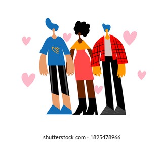 Poly amorous polygamous family. Two men and one woman hugging each other. Non monogamous relationship concept. LGBTQ pride. Vector flat illustration.