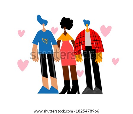 Poly amorous polygamous family. Two men and one woman hugging each other. Non monogamous relationship concept. LGBTQ pride. Vector flat illustration.