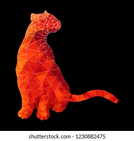 Poly animal wild cat panther sitting colored hot red polygonal ruby abstract vector illustration design element isolated on black