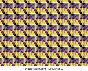 Poly art grid geometric seamless vector background. Hypnotic polygons triangles and rhombus geometric design. Rich seamless pattern with gold poly elements. Fabric pattern design.