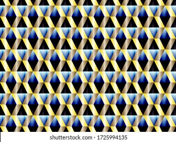 Poly art grid geometric seamless vector background. Hypnotic polygons triangles and rhombus geometric design. Rich seamless pattern with gold poly elements. Cool pattern design.