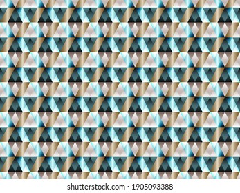 Gittergitter der Poly-Kunst, geometrischer, nahtloser Vektorhintergrund. Dreiecke aus Hypnosen und rhombus geometrisches Design. Chic nahtloses Muster mit goldenem Poly-Farbverlauf-Elementen. Moody-Musterdesign.