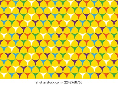 Poly art kaleidoscopic hypnotic background of yellow, green, and orange. Abstract parallel rows of circles becoming rotating oval shapes with psyhedelic effect. Vector illustration