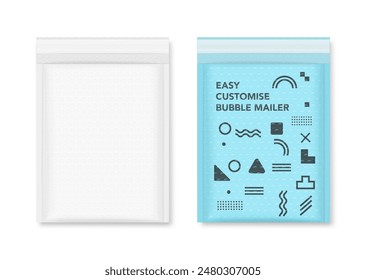 Poly bubble mailer padded envelope shipping bag mockups. Vector illustration isolated on white background. Easy customise, ready for your design. EPS10.