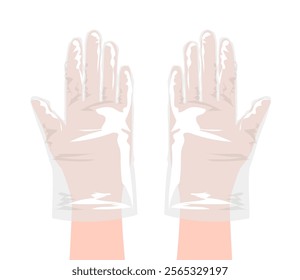 Poly, CPE, TPE Gloves protective hand accessory transparent cartoon clothing technical illustration garment. Vector front palm back view for Men, women, unisex style flat template on white background