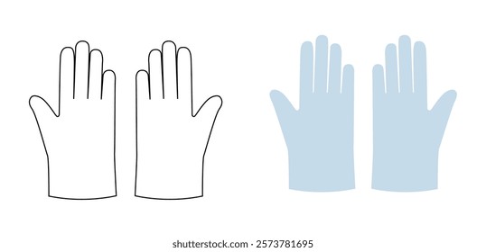 Poly, CPE, TPE Gloves protective hand accessory blue cartoon and flat mockup sketch clothing technical illustration garment. Vector front palm back view for Men, women, unisex style template outline