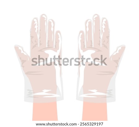 Poly, CPE, TPE Gloves protective hand accessory transparent cartoon clothing technical illustration garment. Vector front palm back view for Men, women, unisex style flat template on white background