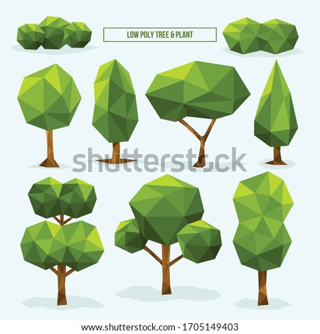 Poly tree. Green nature season plants vector stylized geometrical forms low poly pictures. 