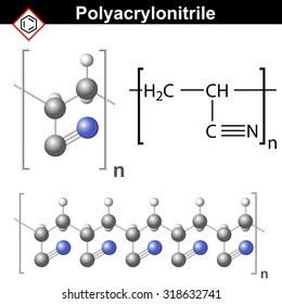 Polyacrylonitrile polymer - structural chemical formula and model, 2d & 3d vector, isolated on white background, eps 8