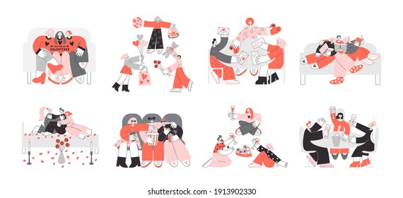 Polyamorous family celebrating Valentine's day. Polygamy polyamory and bisexuality concept. Happy non-monogamous open relationship. LGBT rights, happy pride vector flat illustration set.