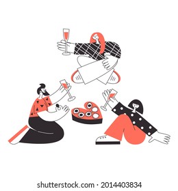 Polyamorous family drinking wine, eating sweets. Three lovers on romantic Valentines date. Polygamy and bisexuality, happy non-monogamous open relationship concept. LGBT rights pride flat illustration