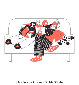 Polyamorous family reading together on sofa. Three lovers on a romantic Valentines date. Polygamy and bisexuality, happy non-monogamous open relationship concept. LGBT rights pride flat illustration