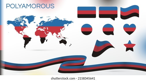 Bandera poliamorosa. Mes del Orgullo LGBT en junio. Mapa Mundial. Transexual lesbiana gay-bisexual. Celebrado anualmente. Concepto de amor arcoiris. Tolerancia a los derechos humanos. Pulsaciones de pincel pintadas de mancha. Identidad sexual