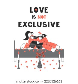 Polyamorous People Making Sex Concept. Open Relationship, Bigamy And Polygamy. Valentine Day Date Isolated Flat Vector Illustration With Lettering Card. LGBT Diversity And Free Love Pride.