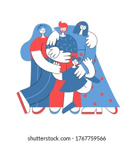 Polyamorous polygamous family with a child. Two women and one man hugging each other. Nonmonogamous relationship concept. LGBTQ pride. Vector flat illustration.