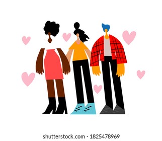 Polyamorous polygamous family. Two women and one man hugging each other. Non monogamous relationship concept. LGBTQ pride. Vector flat illustration.