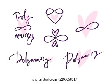 Polyamory Hand Drawn Logo Set. Ethical Non Monogamy Concept. Notions Of Polygamy And Open Relations. Heart Shape Sign And Infinity Symbol. Vector Flat Illustration Isolated On White Background