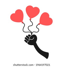 Polyamory - hand is holding multiple love hearts. Collective  lovingness, amorousness, affection, romance and romantic relationship. Vector illustration isolated on white.