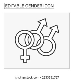  Icono de línea políamoria. Signo de doble hombre y mujer entrelazado. Concepto de género. Ilustración vectorial aislada. Trazo editable