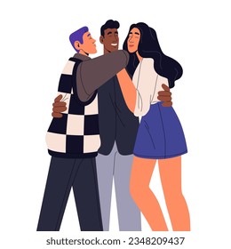 Polyamory love partners. Bisexual men and woman hugging, kissing together. LGBT polyamorous people in romantic relationships. Poly family. Flat vector illustration isolated on white background