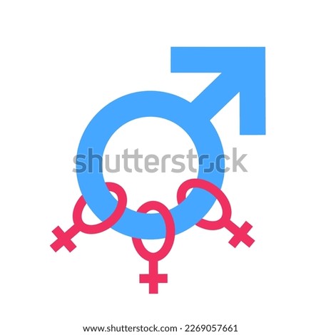 Polyamory, polygamy and polygyny - bond of one man male with multiple female women. Love relationship between many partners and spouses. Vector illustration isolated on white. Promiscuity, body count.