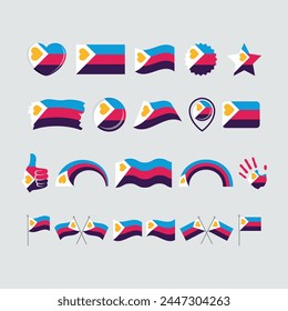 Polyamory Pride Flag und Symbole viele Icon Set Vektorgrafik. Polyamory Tricolor Pride Flagge mit herzförmigen Grafikdesign Element isoliert auf einem grauen Hintergrund. Polyamory-Symbole im flachen Stil
