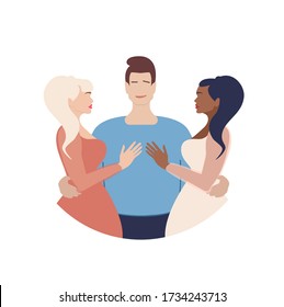 Polyamory In Relationships.Polyamory.Open Relationship. Polyamory Conceptual Illustration. A Young Guy Embraces Two Beautiful Girls. Hug. Vector Illustration In A Flat Style.