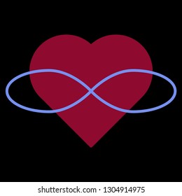 Polyamory Symbol. Heart and infinity. Endless love. Black background and red heart