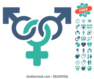Polyandry icon with bonus romantic design elements. Vector illustration style is flat iconic cobalt and cyan symbols on white background.
