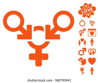 Polyandry icon with bonus valentine design elements. Vector illustration style is flat iconic orange symbols on white background.