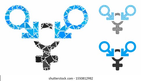 Polyandry mosaic of trembly items in different sizes and shades, based on polyandry icon. Vector rough elements are combined into collage. Polyandry icons collage with dotted pattern.