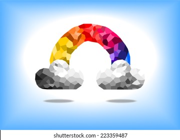 Poly-art geometric rainbow and clouds, against a blue sky (vector) (jpg available)