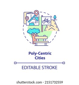 Poly-centric cities concept icon. Urban development principle abstract idea thin line illustration. Metropolitan system. Isolated outline drawing. Editable stroke. Arial, Myriad Pro-Bold fonts used