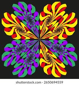 Polychromatic starburst icon. Psychedelic vortex symbol. Radiantly floral Vector. Luminous kaleidoscopic composition.