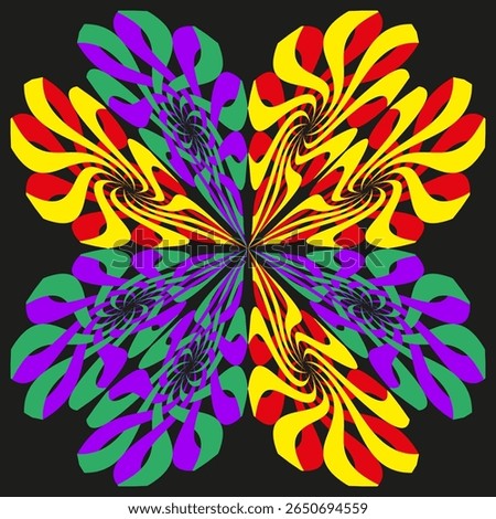 Polychromatic starburst icon. Psychedelic vortex symbol. Radiantly floral Vector. Luminous kaleidoscopic composition.