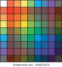 Polychrome Multicolor Spectral Rainbow Grid of 9x9 segments. The spectral harmonic colorful overlay mixed palette of the painter.