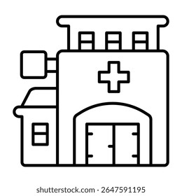 Icono de línea delgada de construcción policlínica, concepto de farmacia. Gráficos de Vector. Clínica médica, muestra del hospital en el fondo blanco, estilo móvil o diseño