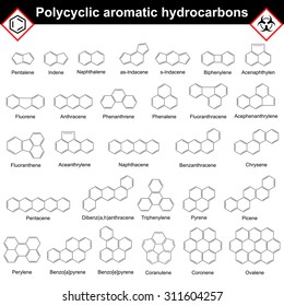 Polycyclic aromatic hydrocarbons, chemical molecular structures, 2d vector isolated on white background, eps 8