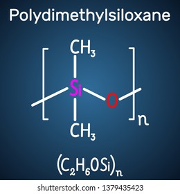 Polydimethylsiloxane, PDMS, silicone polymer, molecule. Structural chemical formula and molecule model on the dark blue background. Vector illustration