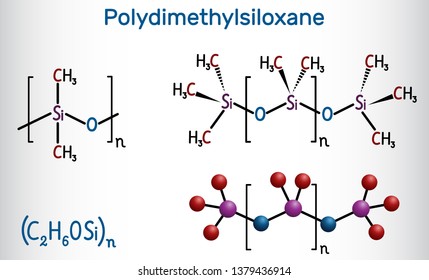 Polydimethylsiloxane, PDMS, silicone polymer, molecule. Structural chemical formula and molecule model. Vector illustration