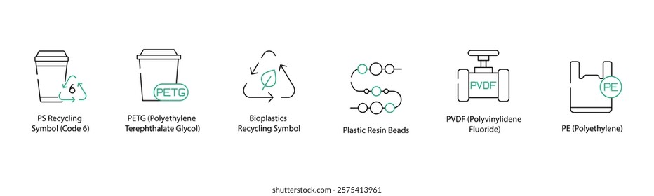 Polyethersulfone Recycling Symbol, Polyethylene Terephthalate Glycol-Modified, Bioplastic Recycling, Plastic Resin Bits, Polyvinylidene Fluoride, and Polyethylene Material Icons - Vector Illustration