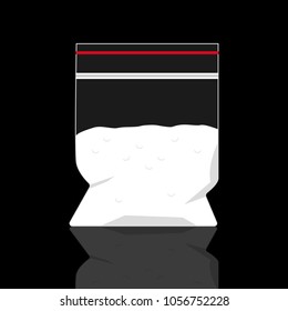 A polyethylene bag with a dose of cocaine. The concept of the fight against drugs. vector illustration isolated on a dark background