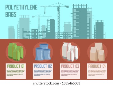 Polyethylene Bags for Building Materials Packaging Flat Vector Banner with Products Description. Cement, Dry Putty, Garbage Bags, Construction Site with Cranes Silhouette on Background Illustration