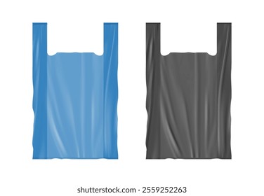 Polyethylene bags with handles for carrying and with copy space. Vector isolated realistic sacks for rubbish, organic products, plastic or biodegradable packet for trash or litter, household junk