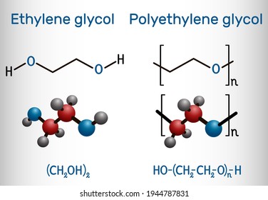 Polyethylene glycol (PEG, polyethylene oxide, PEO, polyoxyethylene, POE) and ethylene glycol molecule. Monomer and polymer. Structural chemical formula and molecule model. Vector illustration