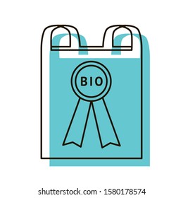 Polyethylene pack with bio award. Eco-friendly package for products. Quick decomposition. The problem is pollution by plastic. Design element. Vector illustration. Isolated on white background.