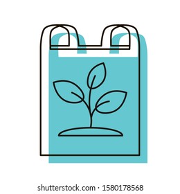Polyethylene pack with sprout icon. Eco-friendly package for products. Quick decomposition. The problem is pollution by plastic. Design element. Vector illustration. Isolated on white background.
