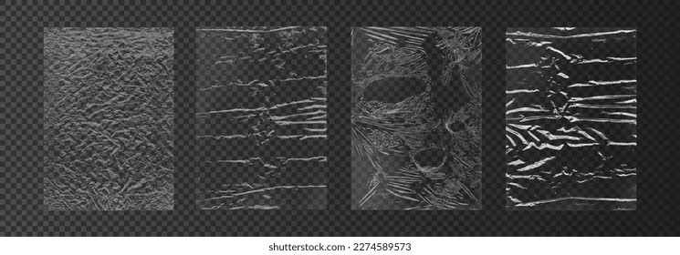 Polyethylene packaging for overlay, texture transparent polyethylene or cling film with effect torn, damage, crumpled. Overlay frame texture. Product packaging concept. Realistic vector set