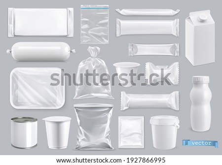 Polyethylene and polystyrene packaging for food, 3d realistic vector set mockup